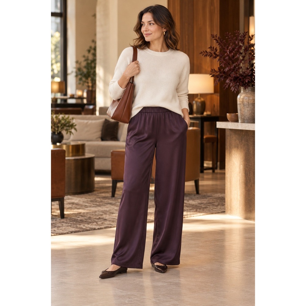 NWT J. Jill Dark Fig Satin Wide Leg Pull On Elastic Waist Pants Size Small